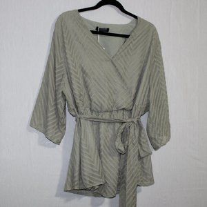 Bloomchic - Plain Geometric Mesh Surplice Neck Belted Ruffles Blouse / New / 2x